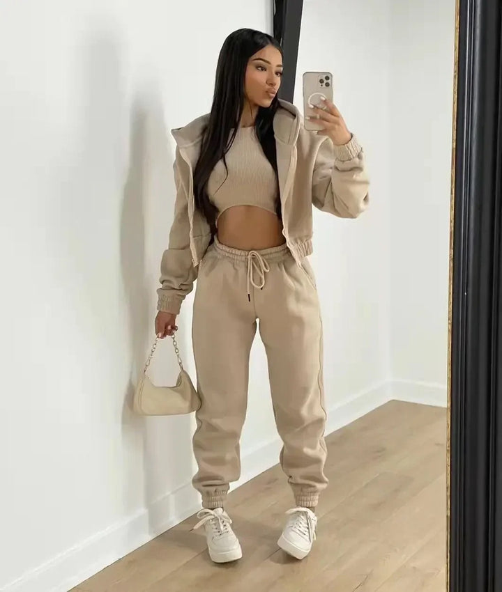 Khaki 3 Piece Hooded Tracksuit Set