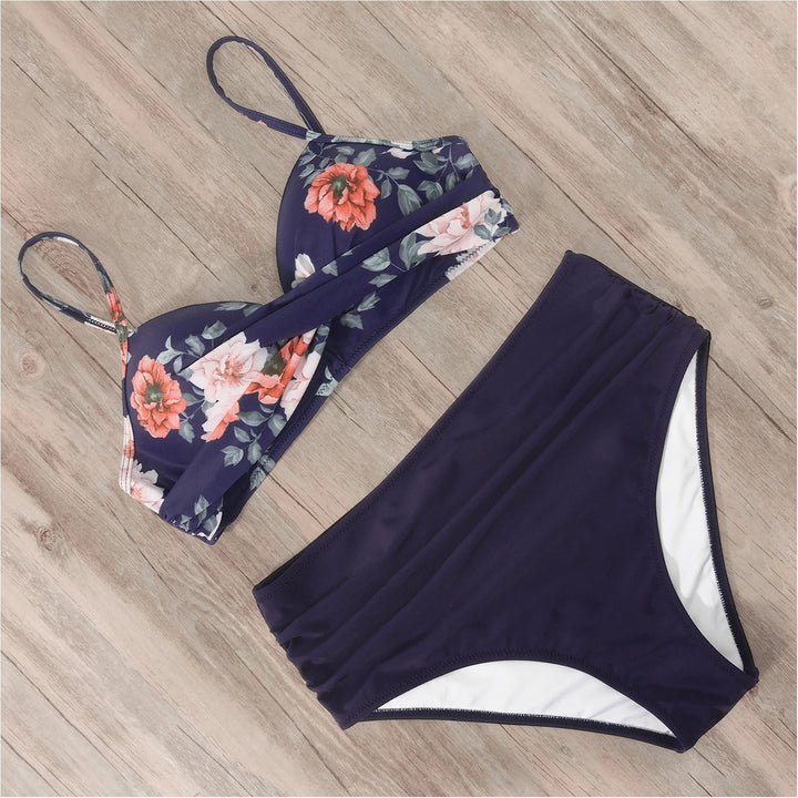 Navy Floral High Waist Push-Up Bikini