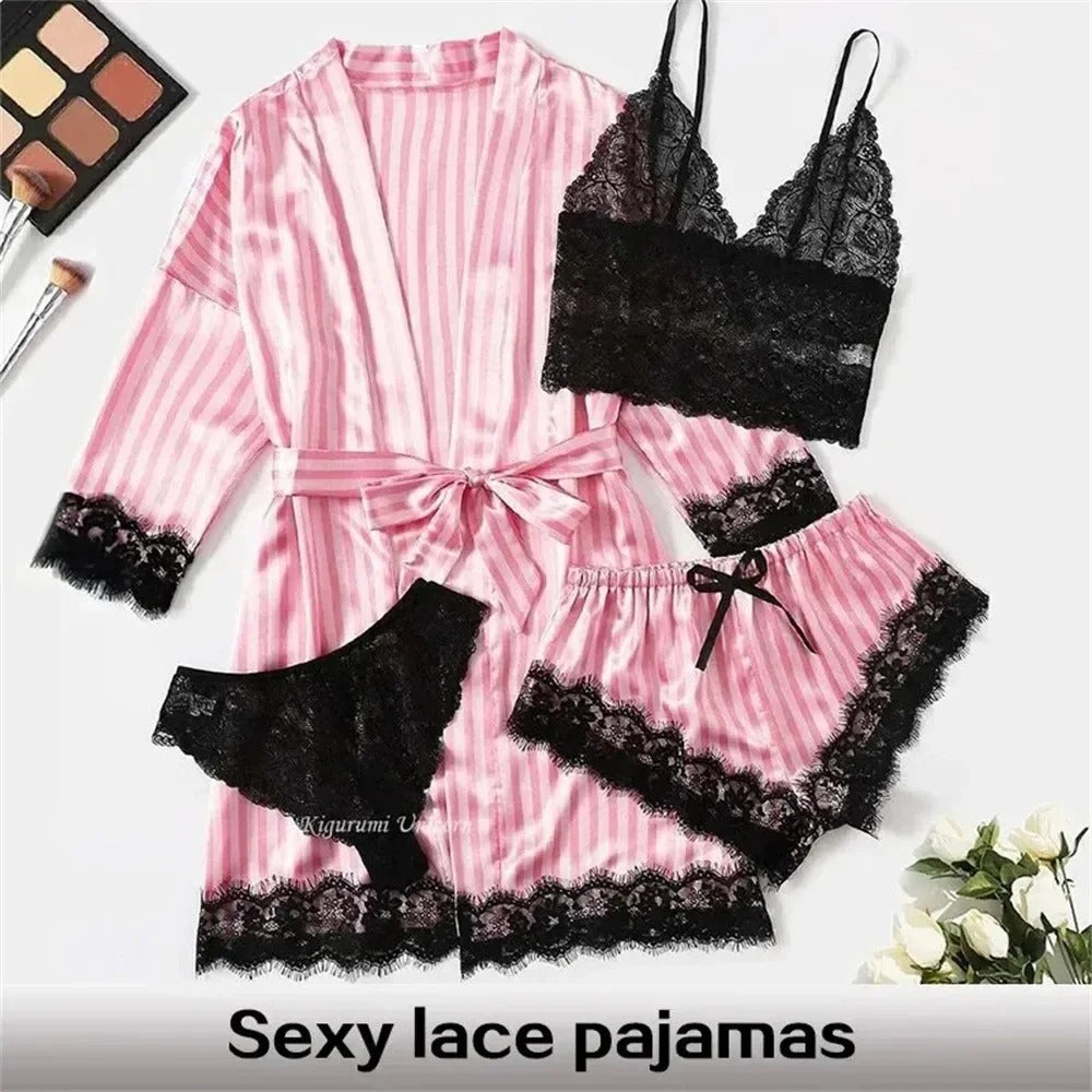 Pink Satin 4-Piece Lace Pajama Set with Robe