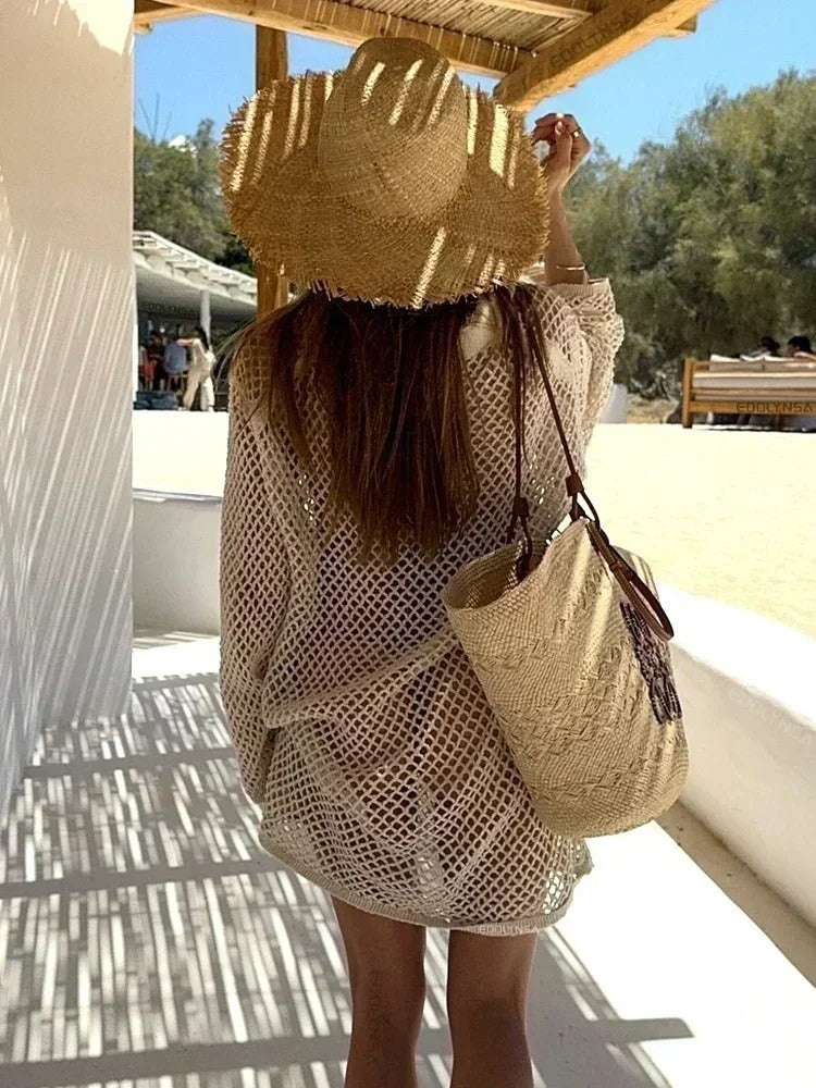 Khaki Openwork Knitted Beach Dress