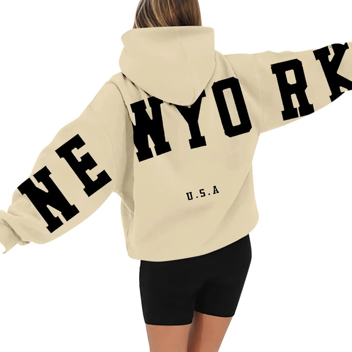 Beżowa Bluza z Kapturem New York Oversize