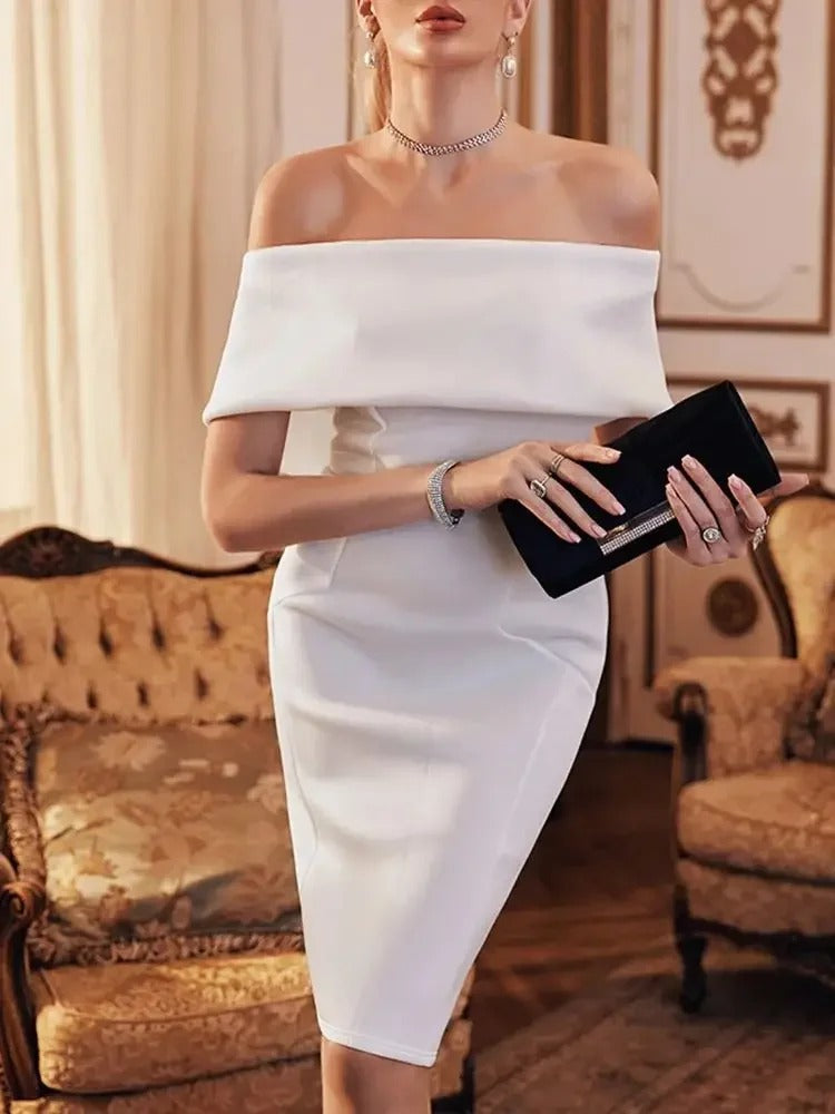 White Dress with Draped Neckline