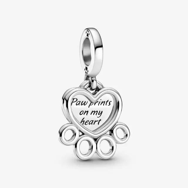 Silver Charm Paw Print with Heart and Inscription