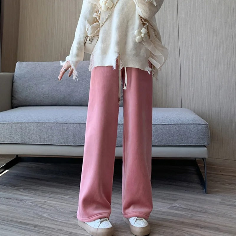 Pink Women's Casual Long Trousers with Wide Legs