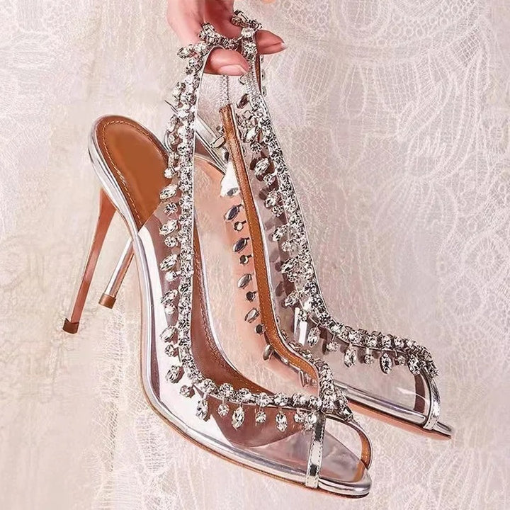 Gold High Heel Sandals with Crystals and Transparent Straps