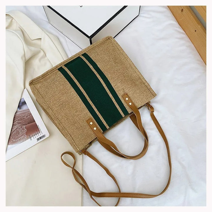 Green Striped Canvas Bucket Bag with Top Handle