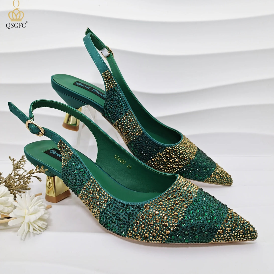 Green elegant high heel shoes with shiny crystals