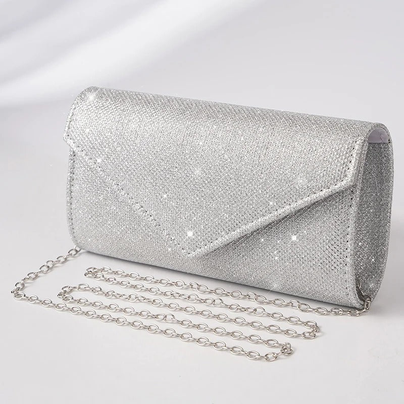 Evening clutch bag shiny silver with chain