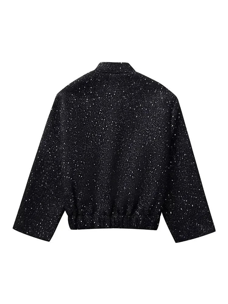 Black Y2K Shiny Sequin Jacket with Stand Collar