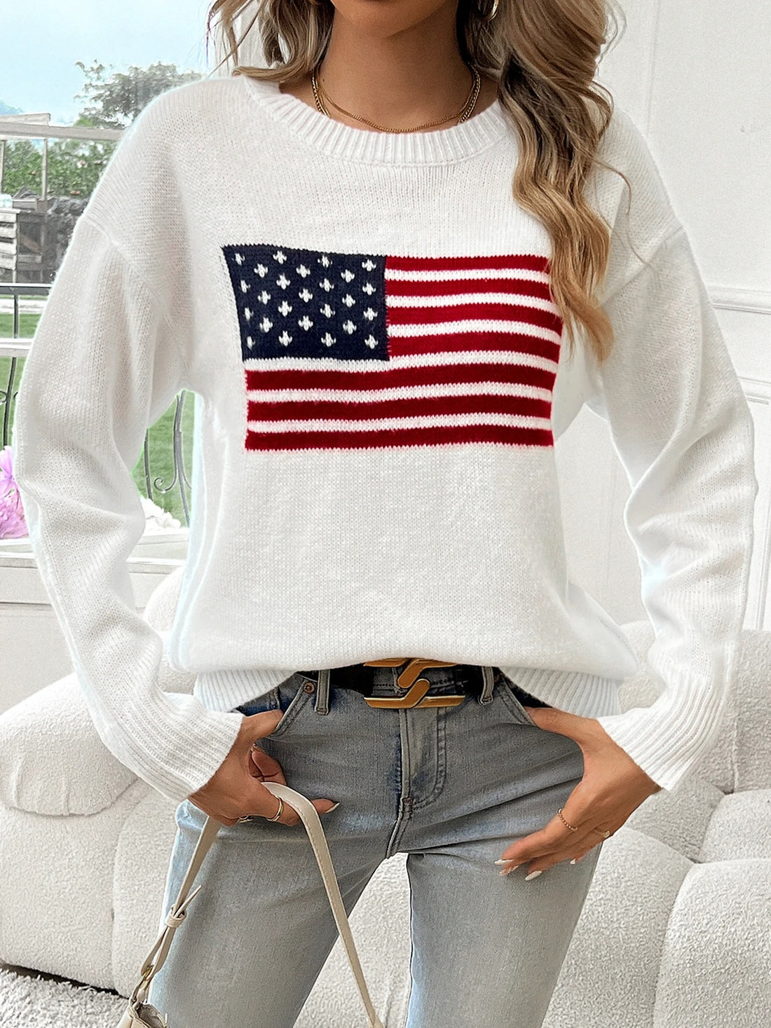 White American Flag Round Neck Sweater