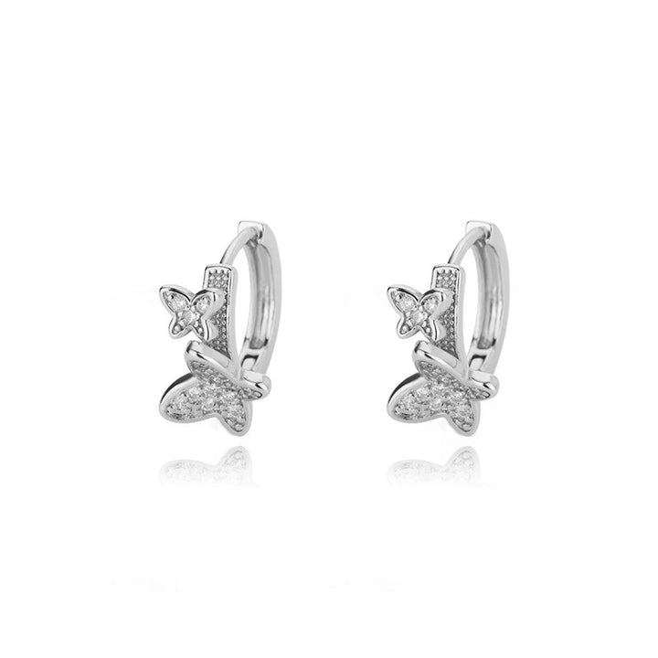 Silver Hoop Earrings with Cubic Zirconia - Double Butterfly