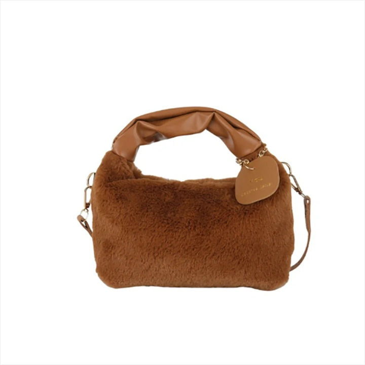 Coffee Faux Fur Bag with Leather Handle