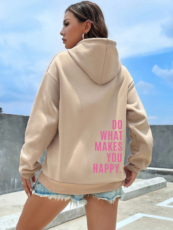 Beżowa Bluza Oversize z Kapturem "Do What Makes You Happy"