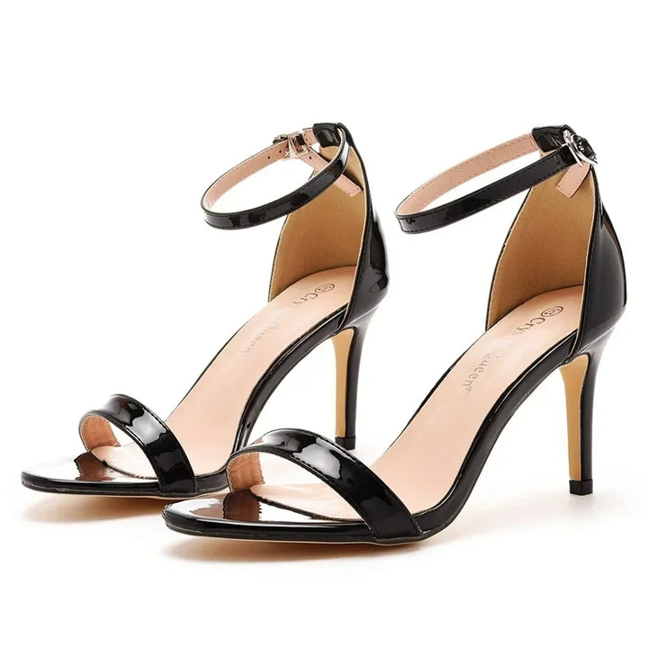 Black High Heel Sandals with Buckle and Open Toe