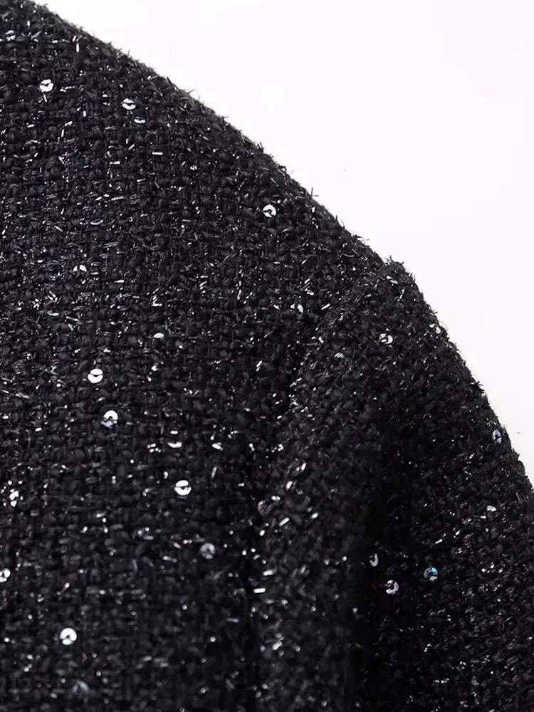 Black Y2K Shiny Sequin Jacket with Stand Collar