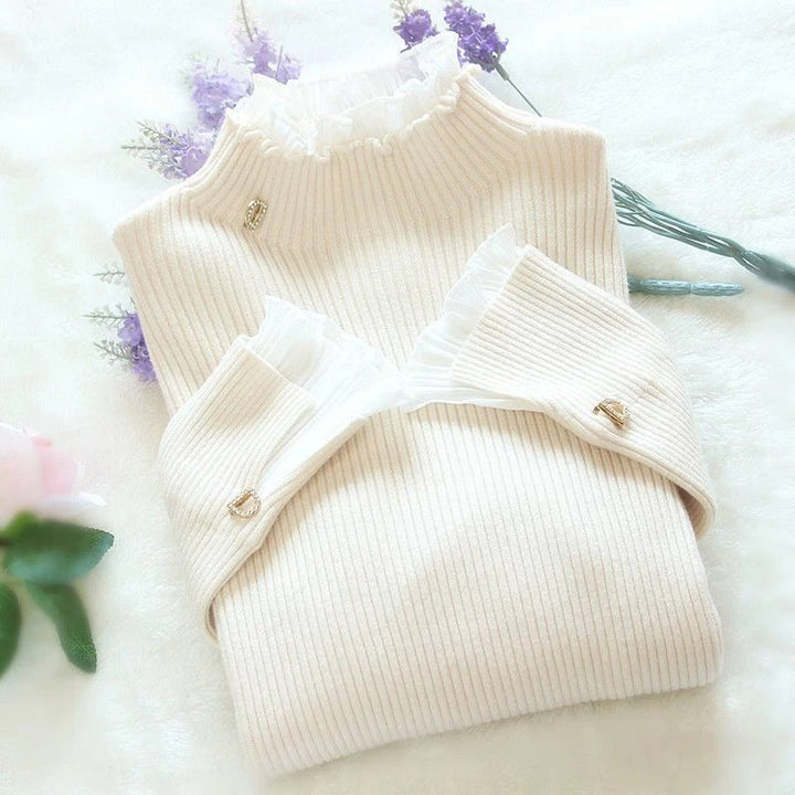 Apricot Turtleneck Sweater with Lace Trim