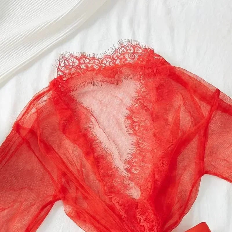 Red Lace Robe Sexy Nightwear