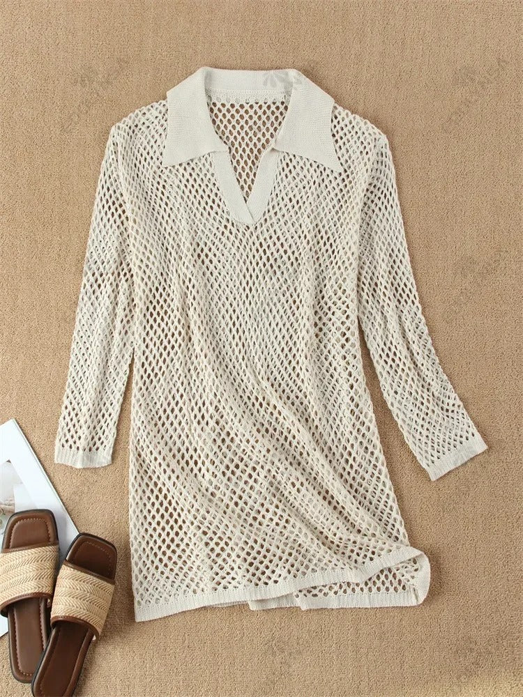 Khaki Openwork Knitted Beach Dress