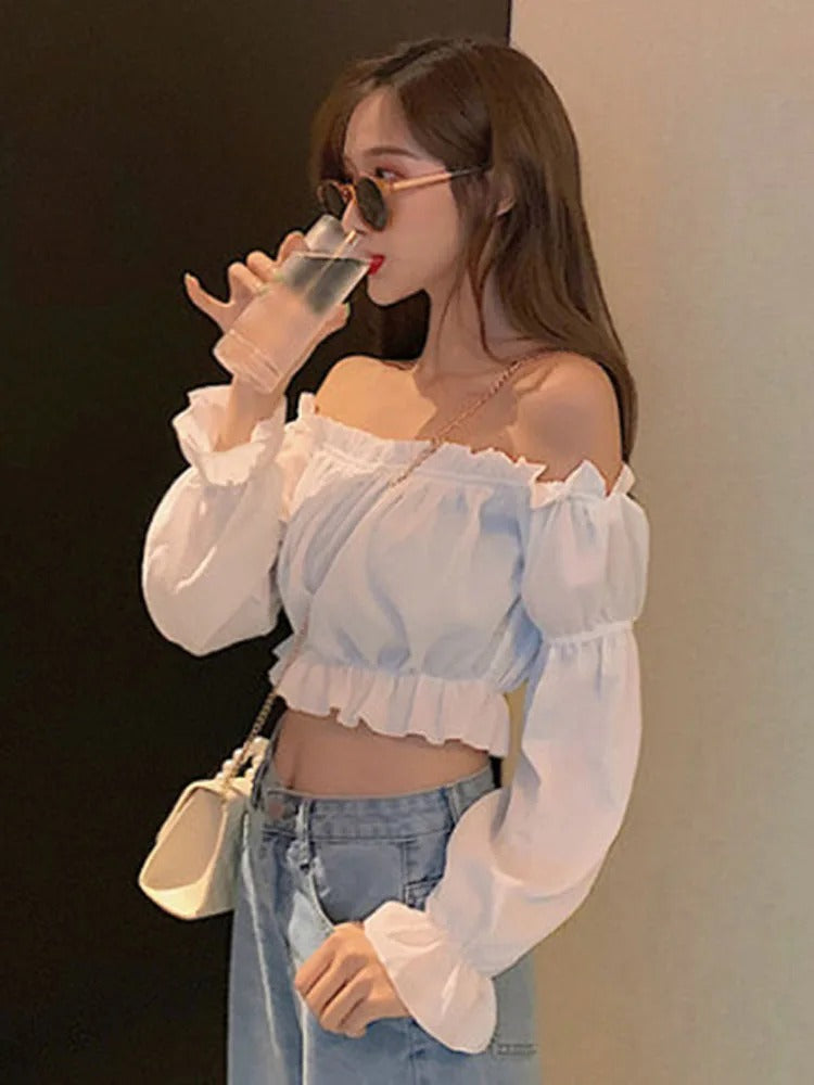 White Puff Sleeve Crop Top