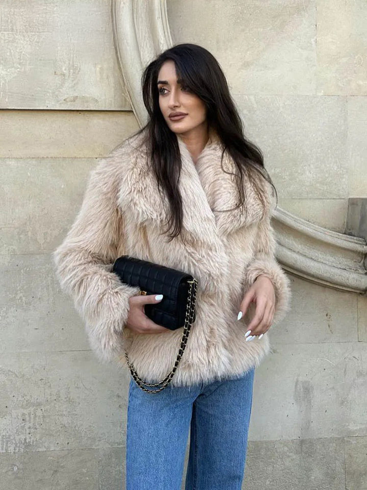 Beige and White Short Faux Fur Coat