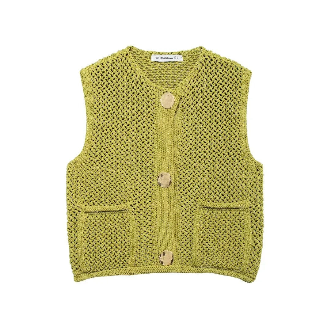 Button-up knitted vest green