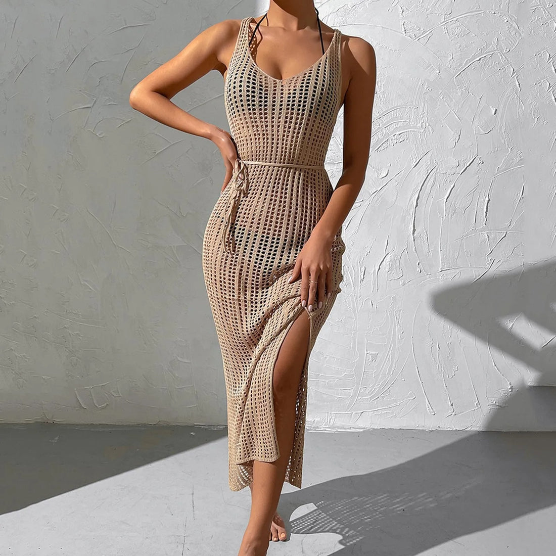 Khaki Sexy Sleeveless Knitted Dress With Slit