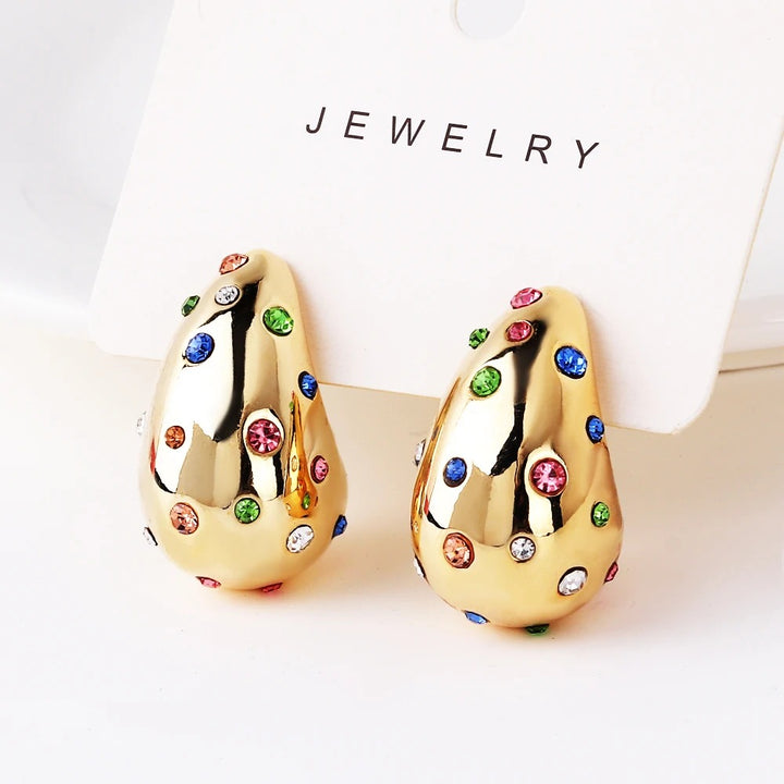 Teardrop Gold Earrings with Rainbow Zircons Elegant Jewelry