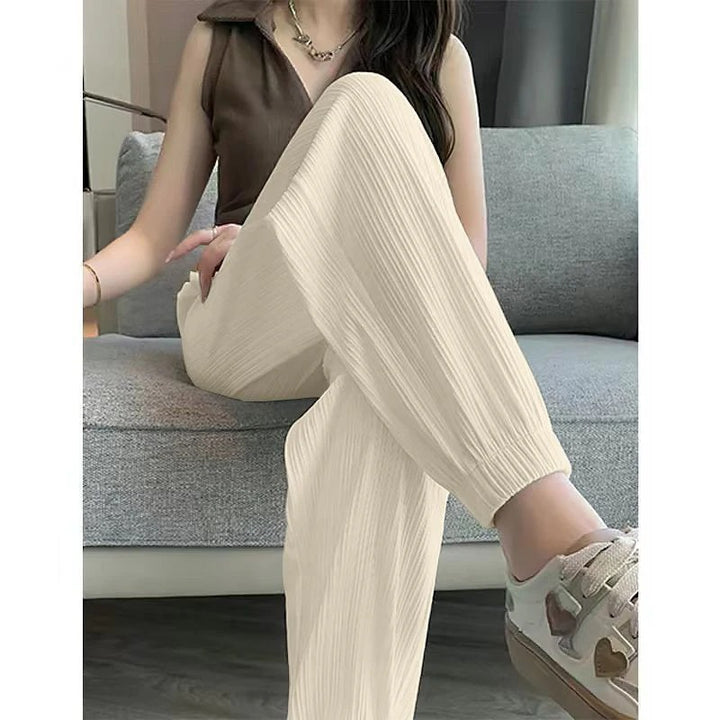 Beige Ice Silk Solid Color Trousers with Elastic Waist