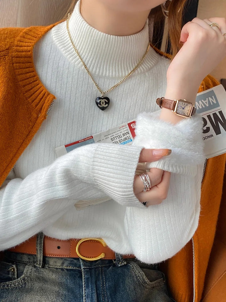 White Turtleneck Sweater With Velvet Lining