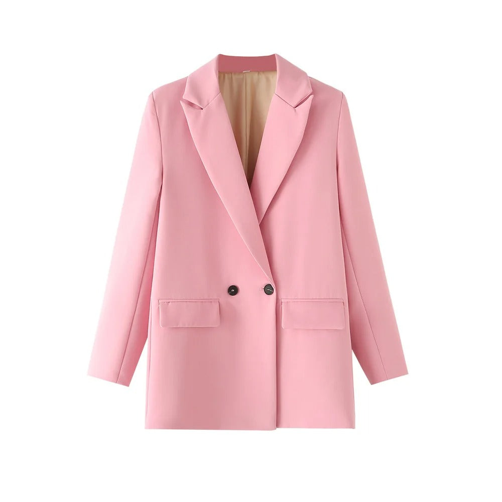 Pink Double-Breasted Elegant Blazer with Lapels