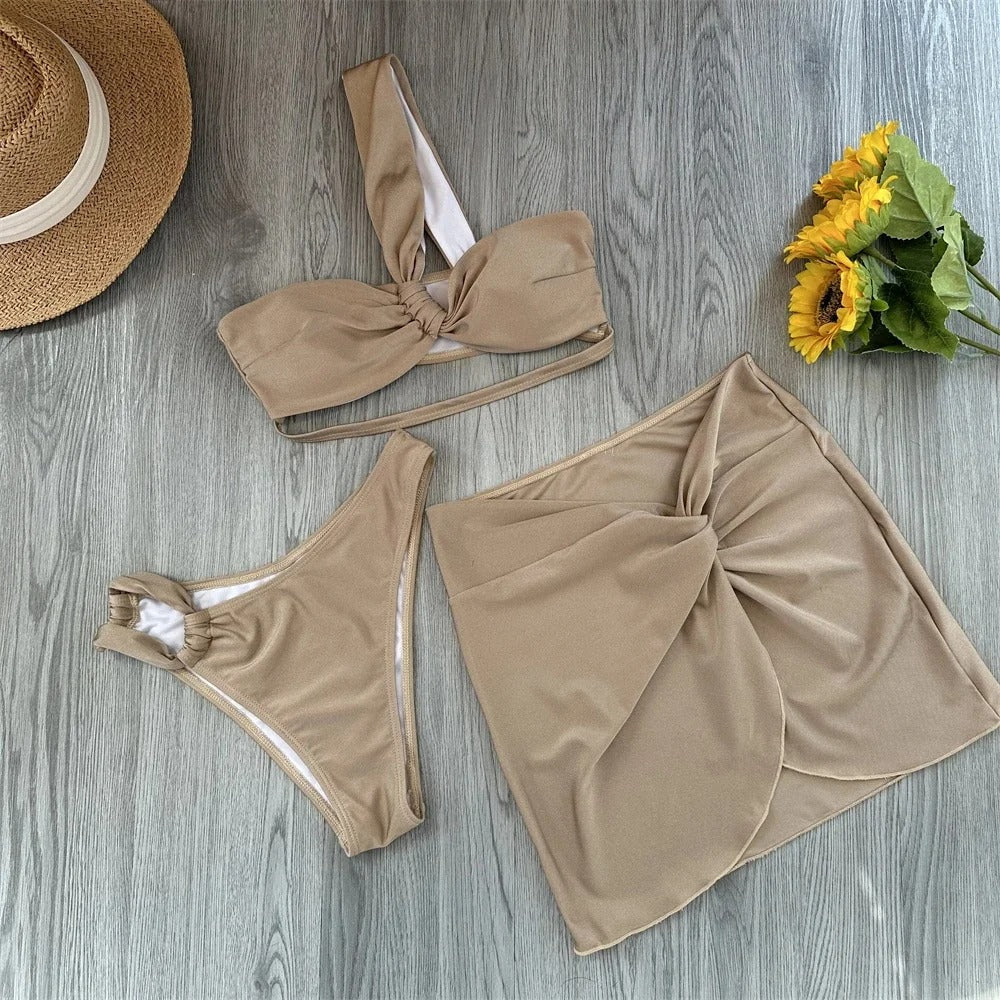 Gold Beige 3 Piece One Strap Swimsuit