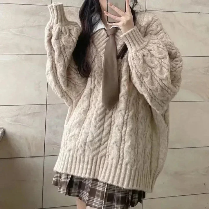 Oversized Khaki Cable Knit Sweater