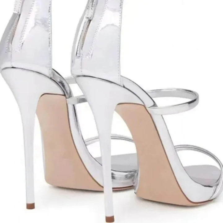 Silver High Heel Sandals with Straps and Shiny Finish