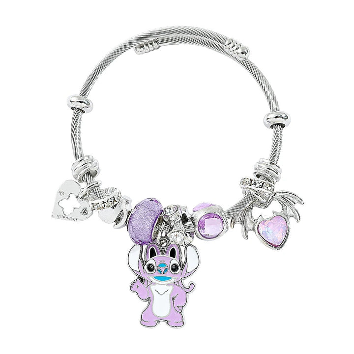 Silver Bracelet with Purple Crystals and Stitch Charms