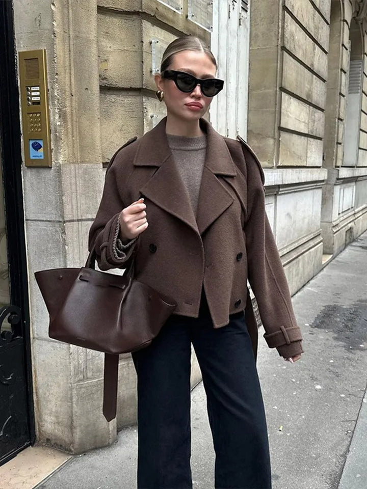 Brown Short Double Breasted Wool Coat