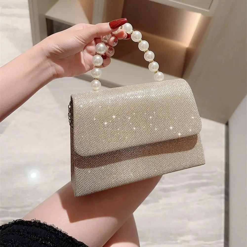 Evening Bag With Pearl Chain Gold