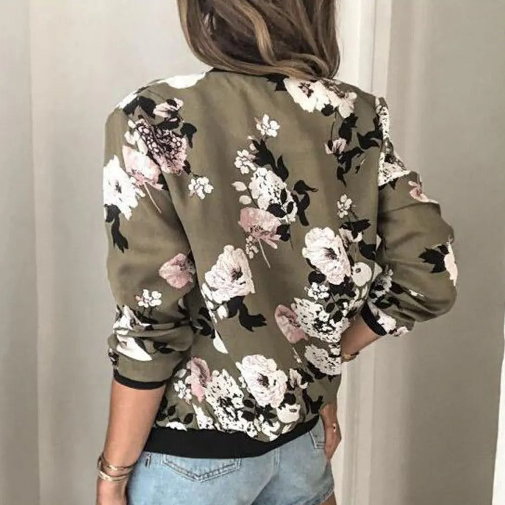 Green Floral Print Bomber Jacket