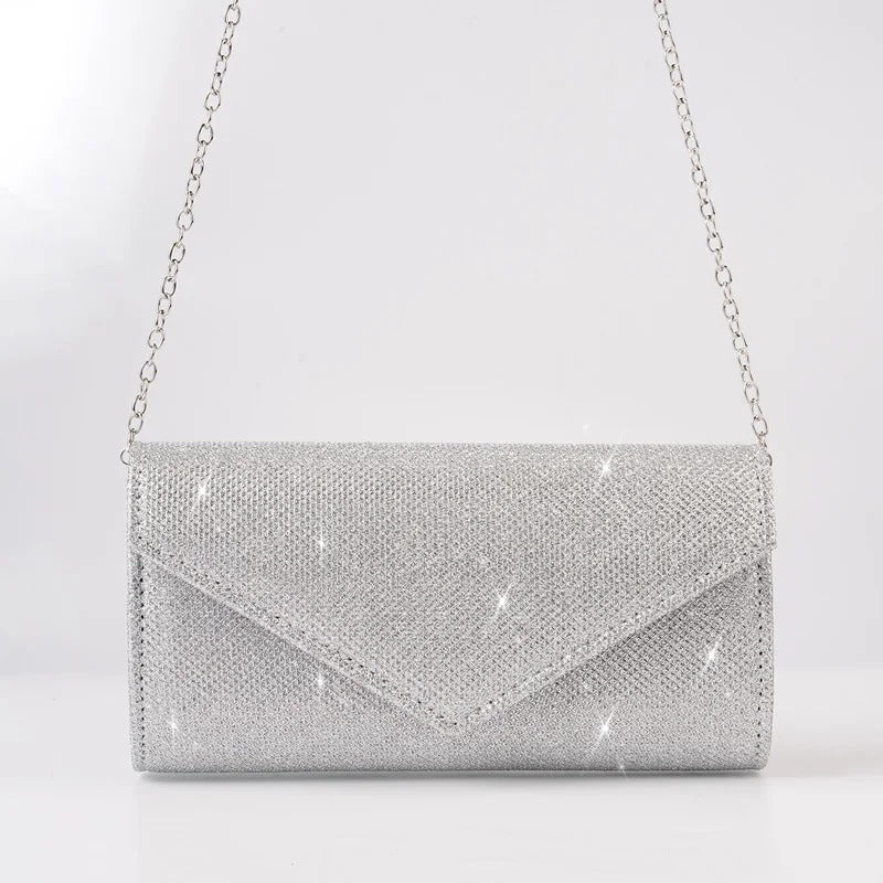 Evening clutch bag shiny silver with chain