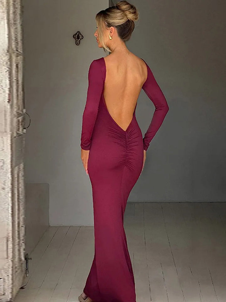 Burgundy Long Open Back Bodycon Dress