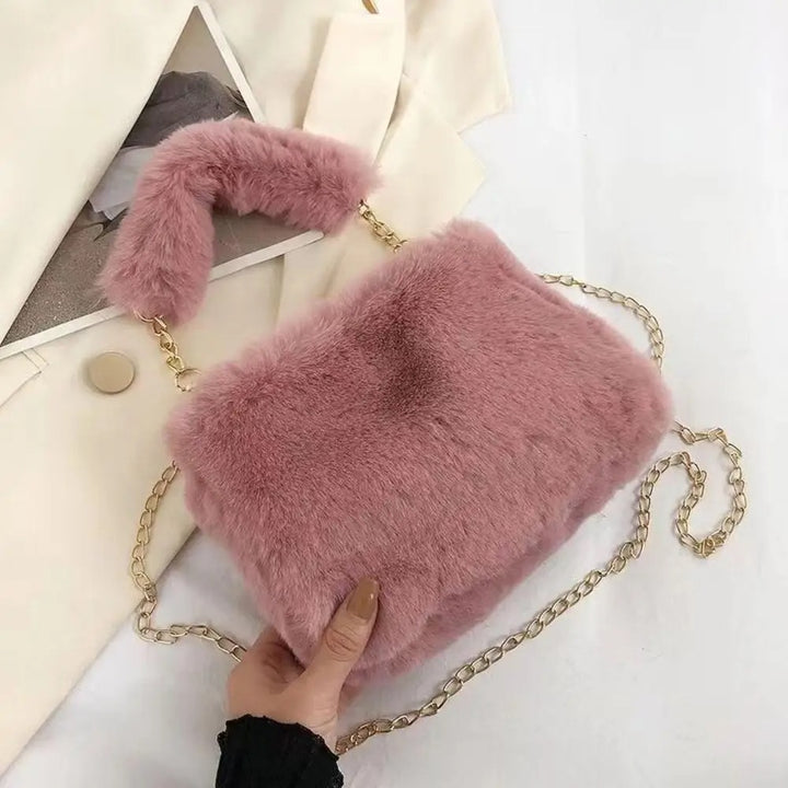 Dark Pink Faux Fur Bag with Gold Chain