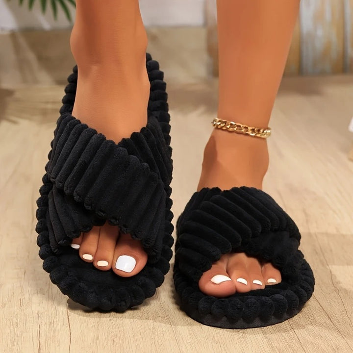 Black corduroy slippers with crisscross ties