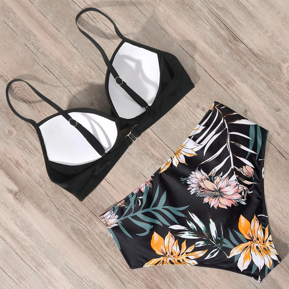 Black Floral High Waist Push-Up Bikini