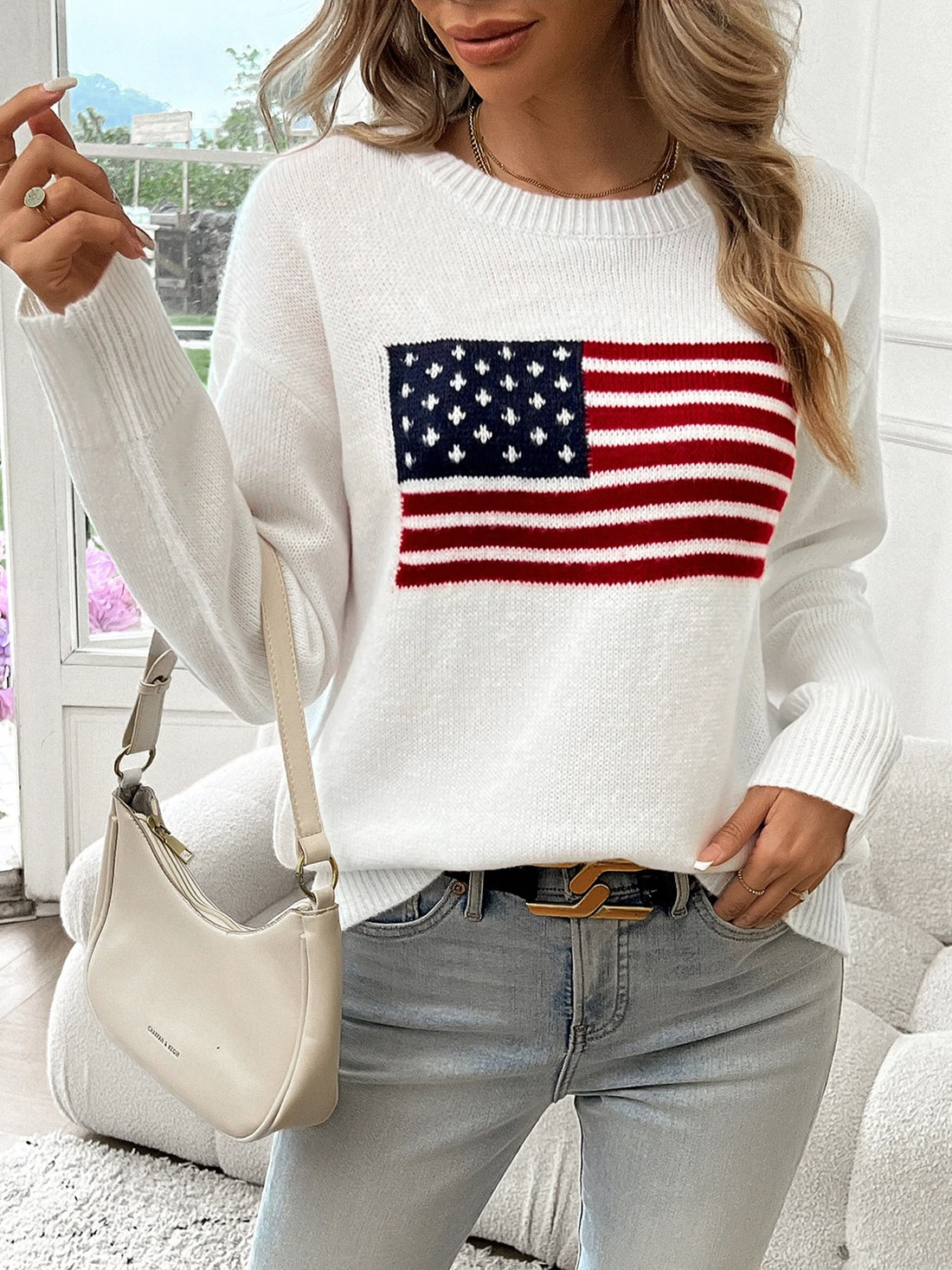 White American Flag Round Neck Sweater