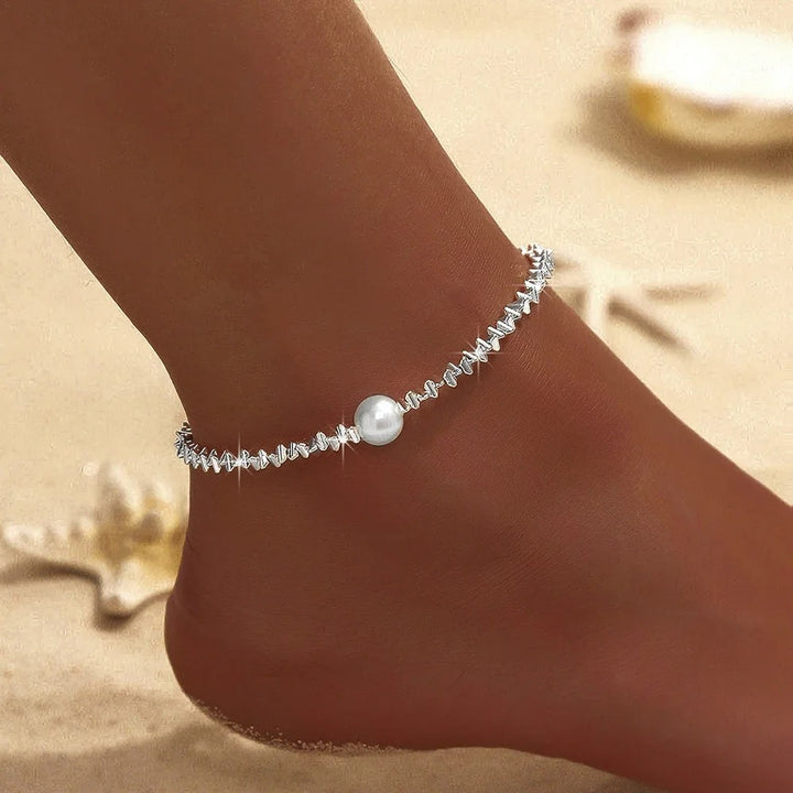 Silver Ankle Bracelet with Pearl