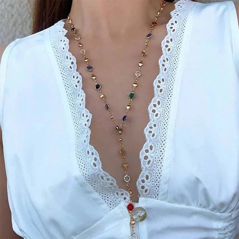 Gold Long Y-Shaped Necklace with Colored Zircons