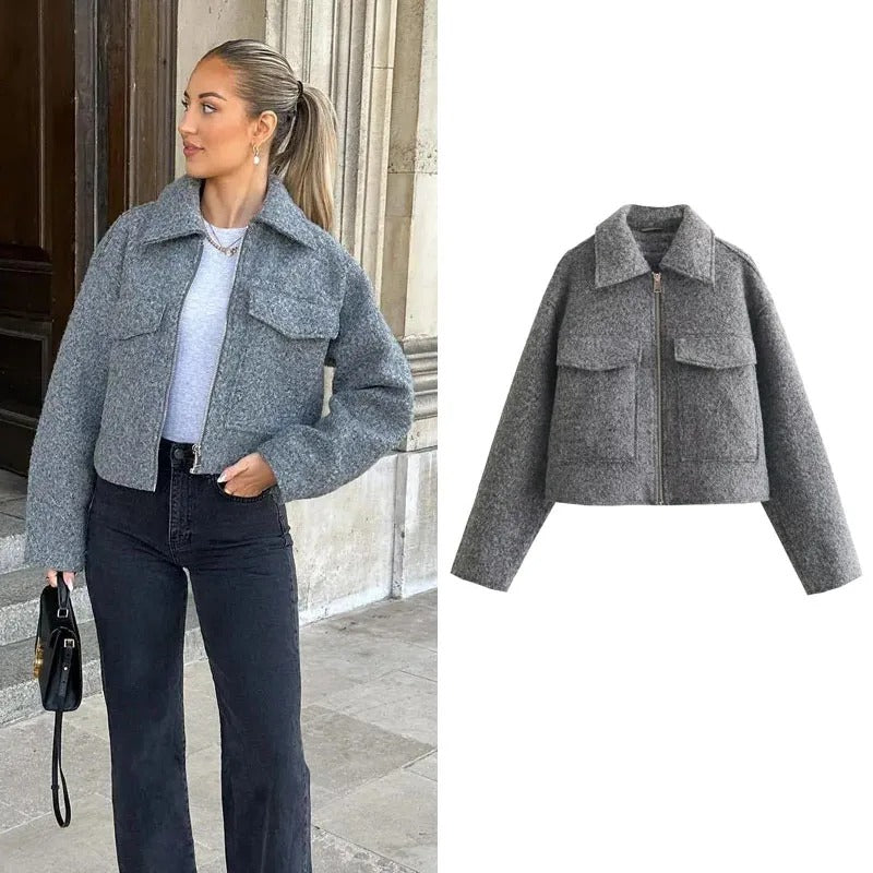 Description of the Grey Tweed Zip Crop Jacket