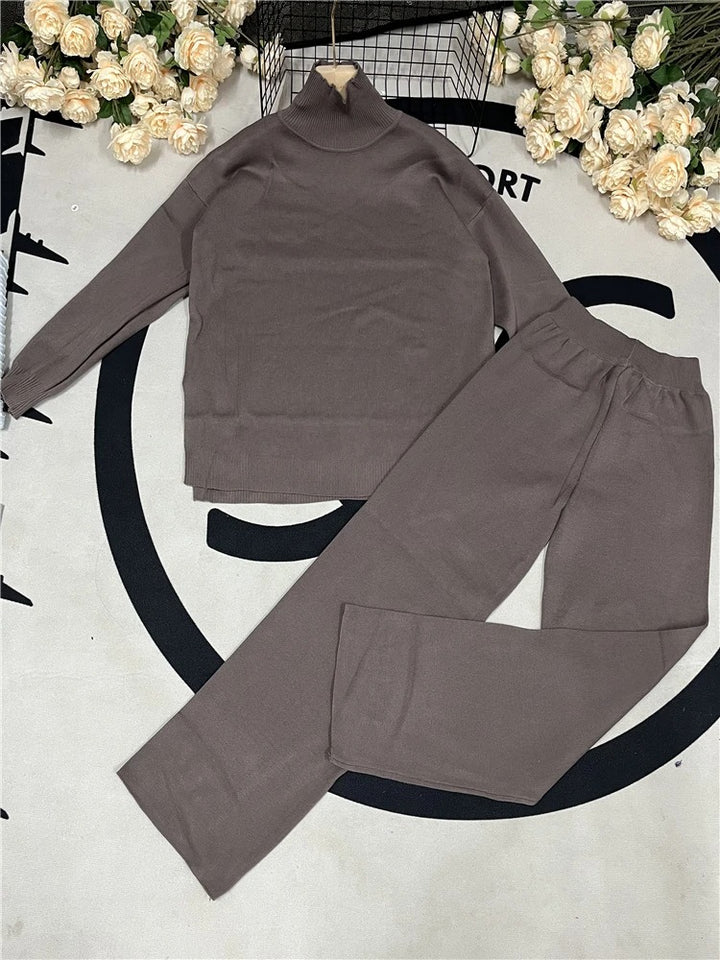 Coffee Knitted Set with Turtleneck and Wide Trousers