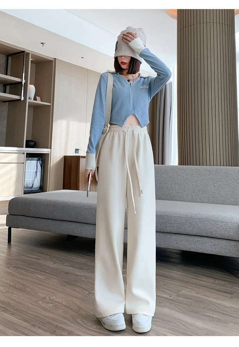 Beige Long Women's Casual Trousers with Wide Legs