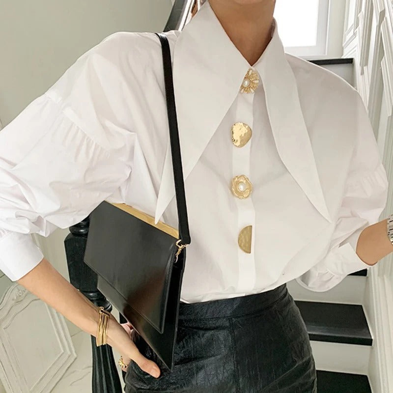 White Elegant Shirt with Pearl Trim