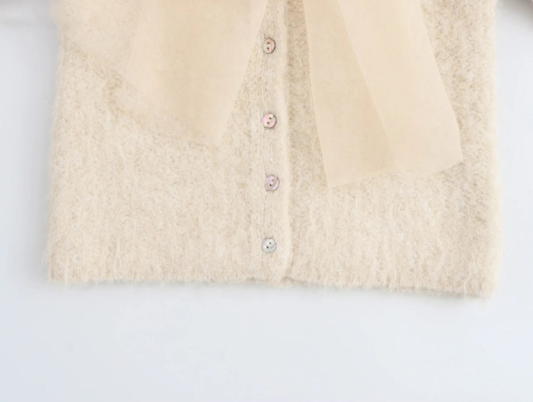 Beige Knitted Cardigan with Bow